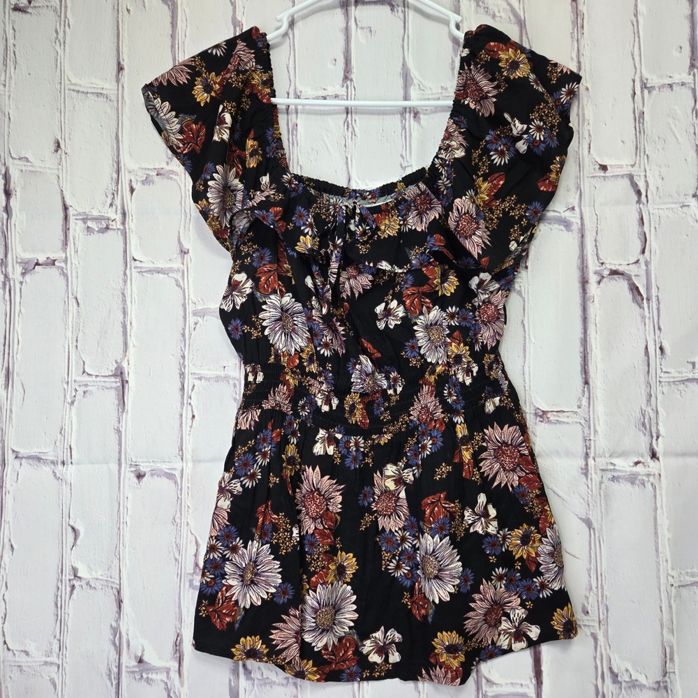 Maurices Floral Peplum Blouse‎ Womens XS Black Smocked Waist Ruffle Square Neck